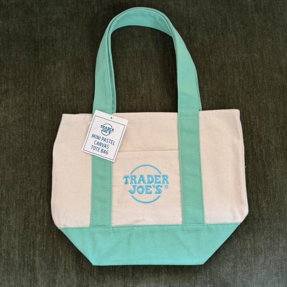 NWT Trader Joe's Mini Green/Mint Canvas Tote Bag Spring Easter Limited Edition